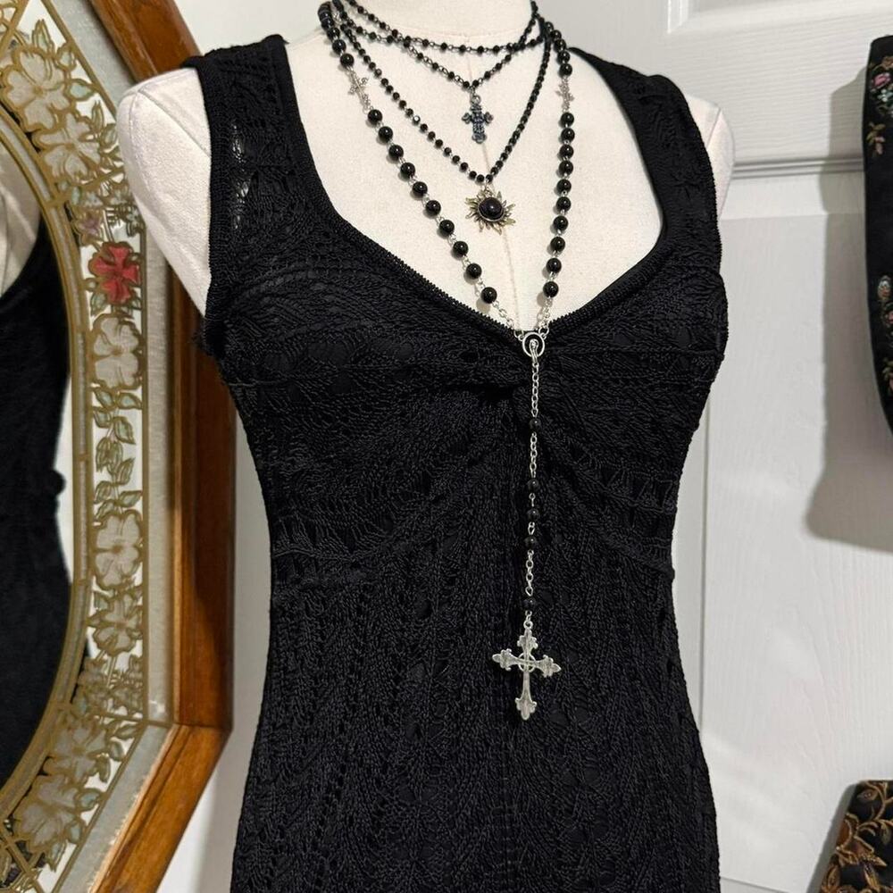 VTG Y2K Bette Sung Black Knit Crochet Overlay V Neck Form Fitting Fairy Top S - Picture 2 of 8